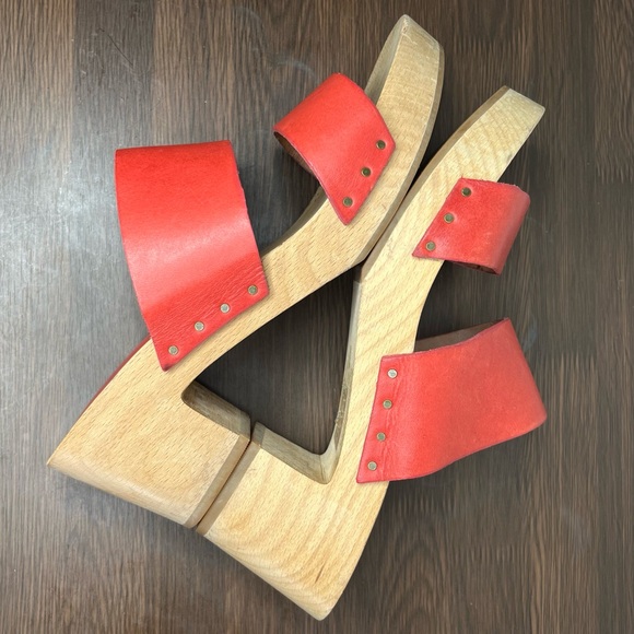 Madewell Lipstick Red Double Strap Leather Wood Clara Clog Heeled Sandal - Picture 7 of 14